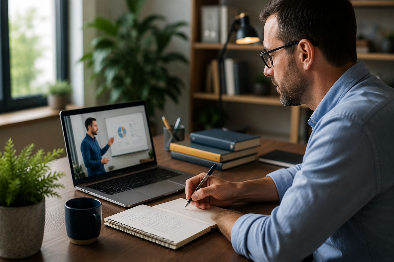 Alumno realizando formaci&oacute;n online desde un entorno profesional